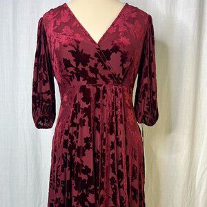 Calvin Klein Dark Red Burnout Velvet Overlap Tapered Hem Midi Dress Size 8